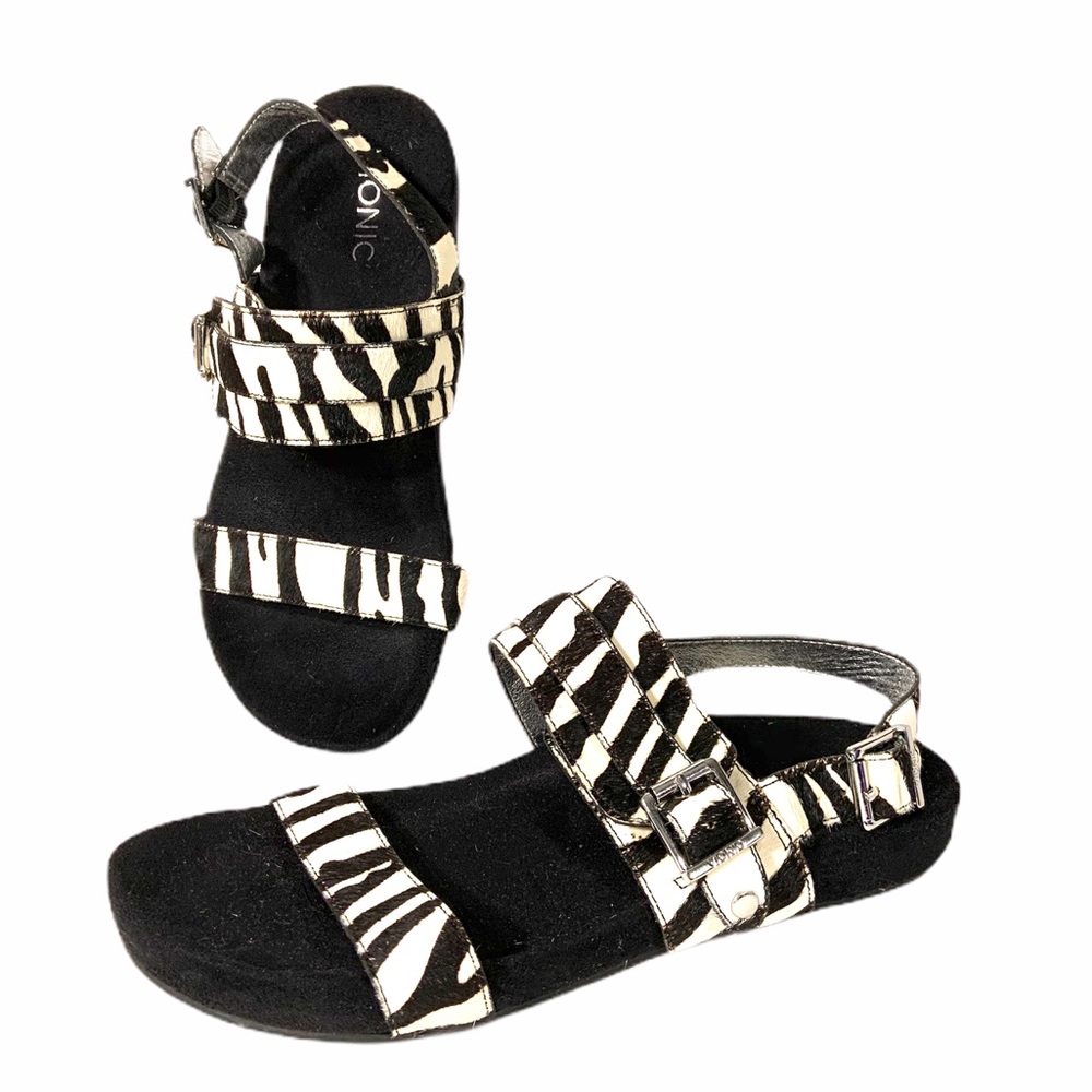 Vionic Sz 8 Black & White Leather Fur Sandal Shoes